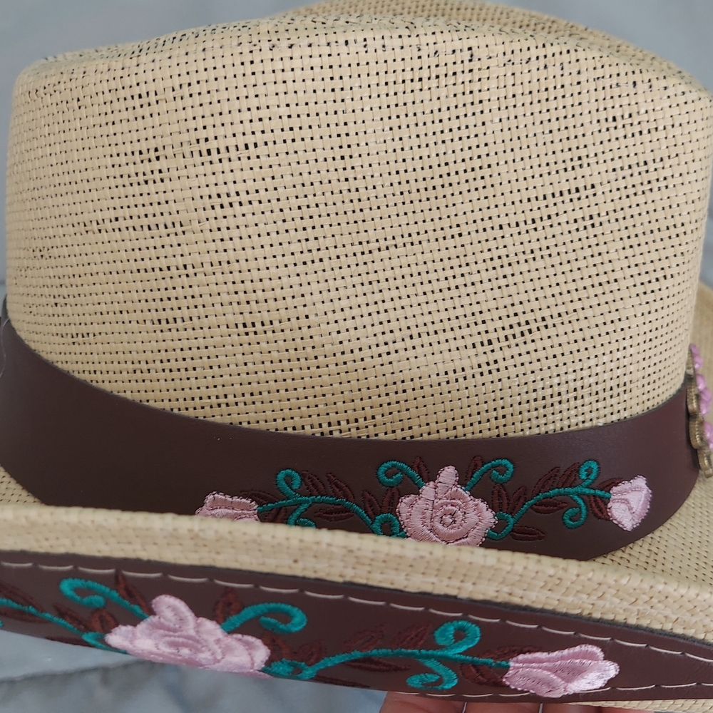 Embroidered Floral Tan Cowgirl Western Hat Size OS Festivals Concerts Vacation - Picture 3 of 14